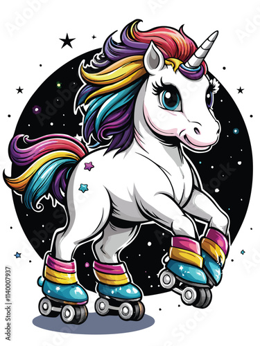 Create a cute kawaii unicorn with a rainbow mane and tail, rollerblading happily.  Include vibrant colors and a playful expression.