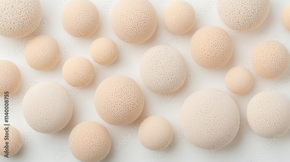 Soft, textured spheres in various sizes create visually appealing arrangement. These organic shapes evoke sense of calm and tranquility, perfect for modern decor or artistic displays Soft, textured spheres in various sizes create visually appealing arrangement. These organic shapes evoke sense of calm and tranquility, perfect for modern decor or artistic displays