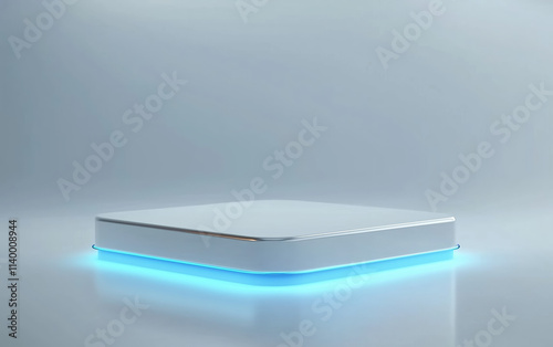Modern white device with glowing blue light, designed for smart technology applications in a minimalist setting. blank white square podium with blue glowing edges on an empty light background.