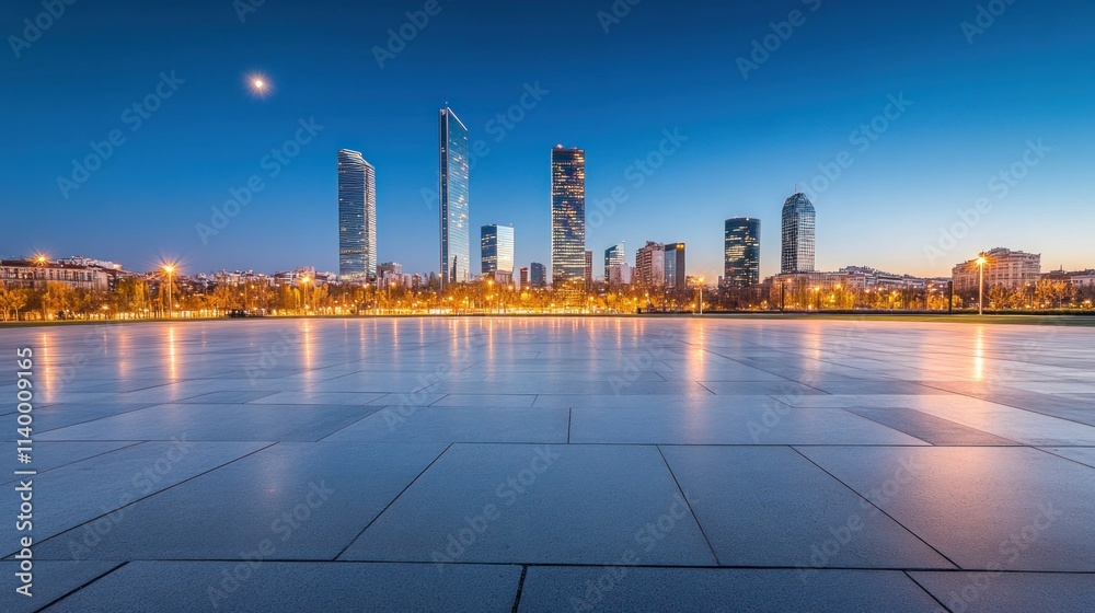 A city skyline at dusk with illuminated buildings and a reflective pavement. A city skyline at dusk with illuminated buildings and a reflective pavement.