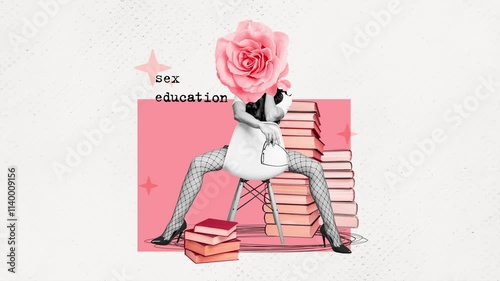 Creative 3d motion collage video of anonym librarian girl instead head rose flower sit chair sex education concept