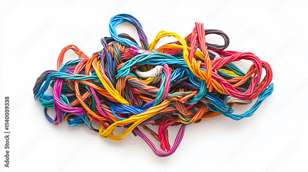 mass of colorful electrical wires knotted together, on a white background mass of colorful electrical wires knotted together, on a white background