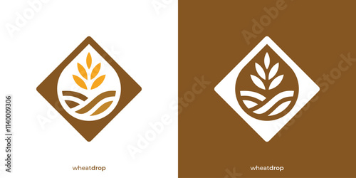 Creative Wheat Farm Logo Design. Wheat Grain Field and Water Drop in Square Shape Icon Graphic. Grain Farm Logo Design Template.