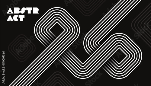 Abstract black and white background with geometric line art featuring interconnected curves and shapes. Design for backgrounds, modern design, posters, and minimalistic artwork. Vector illustration