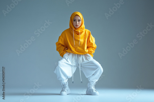A Muslim woman wearing a yellow hoodie with a white pair of joggers is exercising outdoors, blending between culture and fashion of modest fashion and active lifestyle.