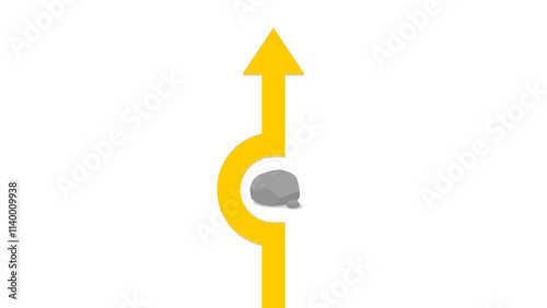 A yellow arrow pointing upwards and curving around a grey stone obstacle on a white background. Dodge an obstacle on the path.