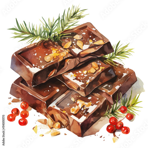 watercolor Christmas chocolate bark set collection isolated on a white background, vector flat watercolor design painting