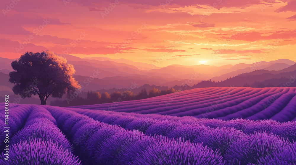 A vector hillside scene with volumetric layers of lavender fields under a pastel spring sunset A vector hillside scene with volumetric layers of lavender fields under a pastel spring sunset