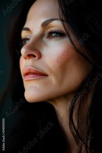Portrait of a 40-year-old woman with striking features, her face framed by soft waves of dark hair.