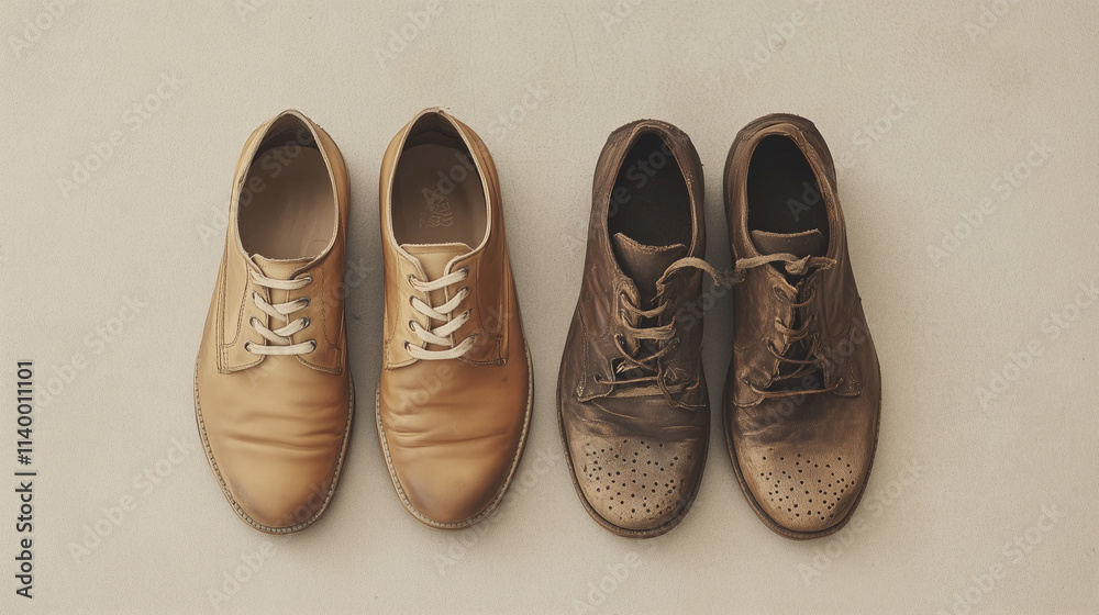 pair of shoes, one pristine and the other visibly worn or torn, placed side by side on a neutral floor pair of shoes, one pristine and the other visibly worn or torn, placed side by side on a neutral floor