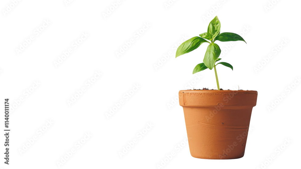 Fresh green basil plant thriving in a terracotta pot against a vibrant blue background Fresh green basil plant thriving in a terracotta pot against a vibrant blue background
