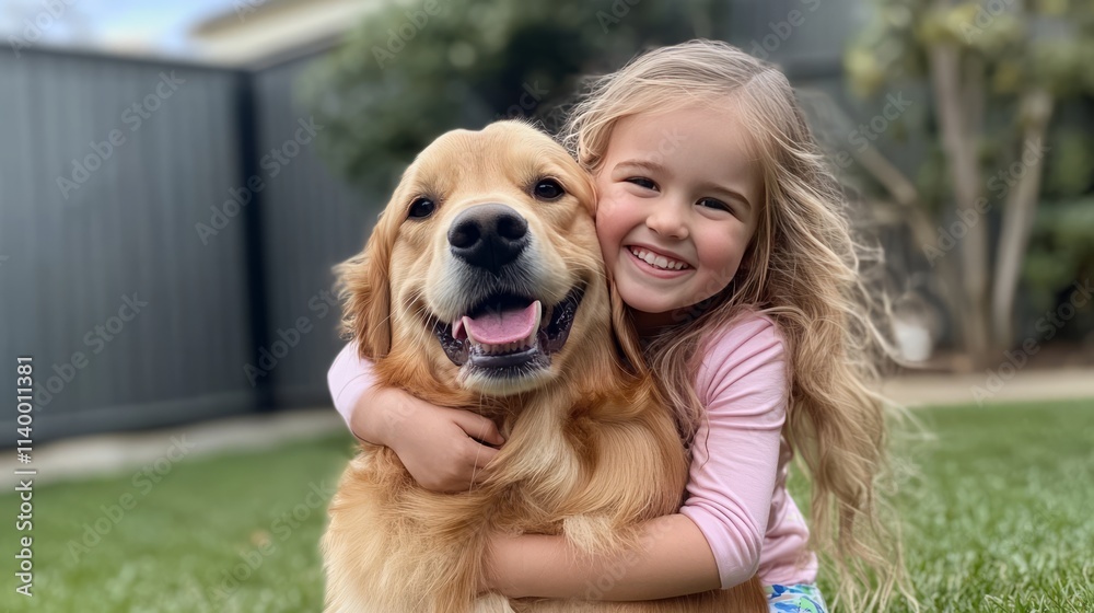 Little girl hugging a golden retriever in a park Little girl hugging a golden retriever in a park