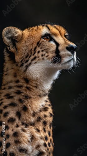 A close-up of a cheetah showcasing its distinctive fur and profile against a dark background. photo