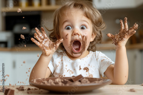 Baby girl making mess eating chocolate cake in kitchen