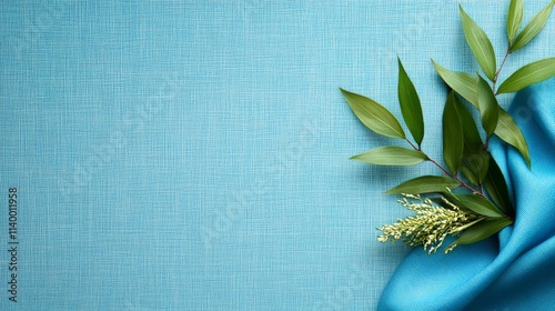 background concept. Textured blue background with green leaves and fabric draping elegantly.