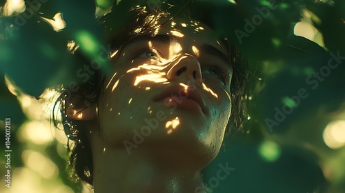 A poetic image of a person gazing upward as sunlight filters through the leaves above, creating dappled patterns on their face and body, vibrant greens surrounding them, cinematic depth. --ar 16:9 photo