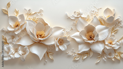 A luxurious floral composition of three-dimensional magnolias and lilies in creamy tones, arranged elegantly on a soft ivory background