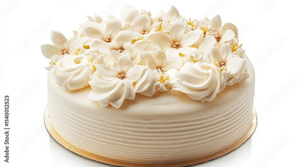 Elegant white cake adorned with delicate cream flowers perfect for celebrations and special occasions. Elegant white cake adorned with delicate cream flowers perfect for celebrations and special occasions.