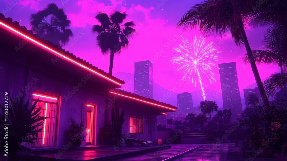 Neon Retro House Party Fireworks Cityscape Night Neon Retro House Party Fireworks Cityscape Night