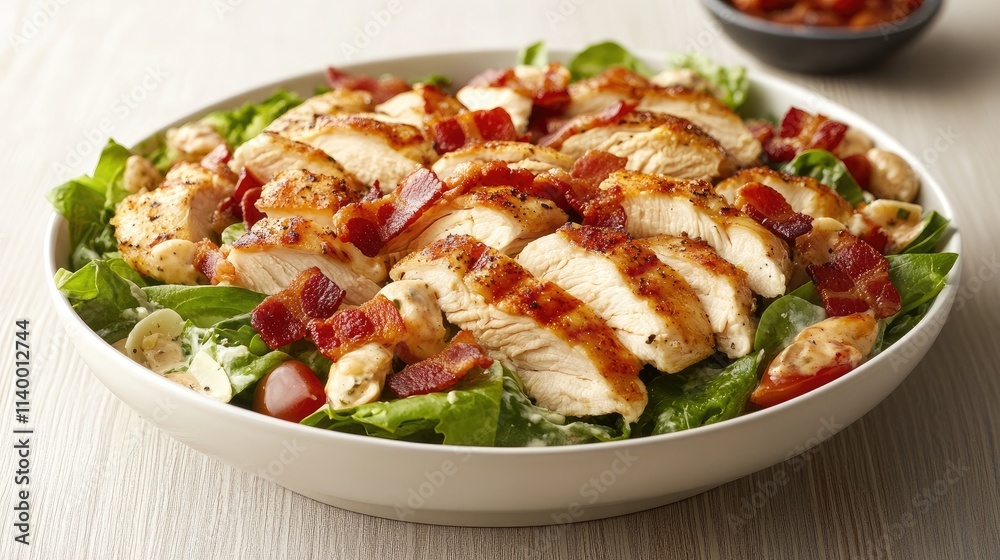 Grilled chicken and bacon Caesar salad in a bowl garnished with fresh greens and vegetables on a light wooden surface. Grilled chicken and bacon Caesar salad in a bowl garnished with fresh greens and vegetables on a light wooden surface.