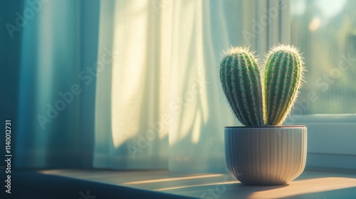 one cactus near the window in daylight against the wall, cactus in the room near the window photo