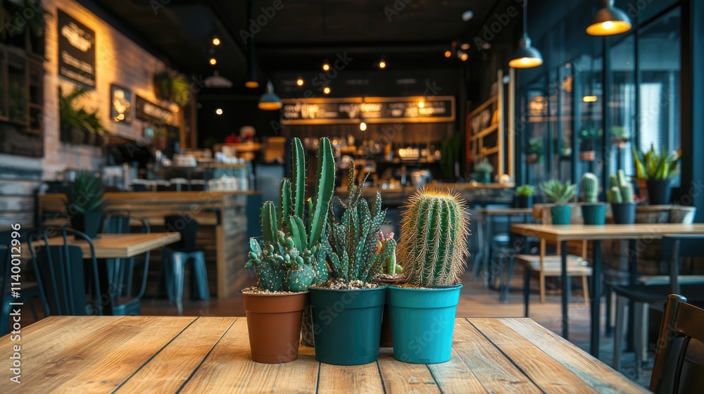 Cactus pots displayed on wooden table inside a cozy cafe with warm lighting and rustic decor ambiance. Cactus pots displayed on wooden table inside a cozy cafe with warm lighting and rustic decor ambiance.