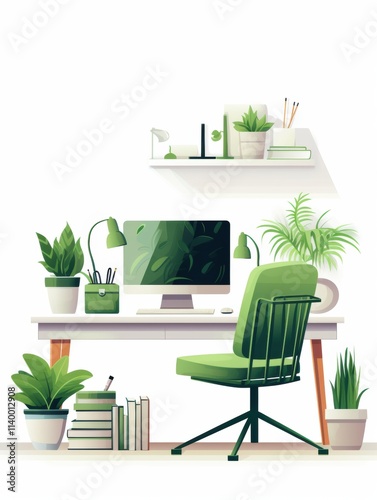 office illustration Vibrant Home Office Setup with Green Accents, Plants, and Modern Technology for Productivity and Serenity