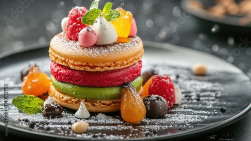 Colorful macarons stacked on a plate garnished with fresh fruits and mint leaves showcasing a delightful sweet dessert presentation photo