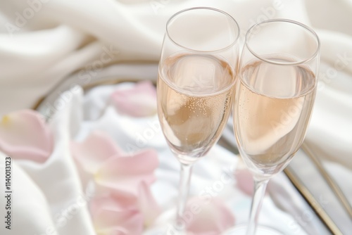 Two champagne glasses filled with champagne on a tray. The tray is covered with pink petals. Scene is celebratory and romantic
