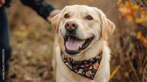Joyful labrador retriever playing in nature close-up photography autumn environment happy dog concept photo
