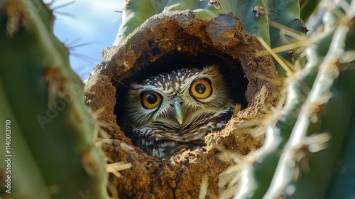 Desert owl residing in Saguaro cactus nest showcasing unique wildlife habitat in arid environment against vibrant blue sky backdrop photo