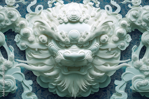 Intricate 3D Paper Cut Lion Head with Traditional Asian Art Patterns