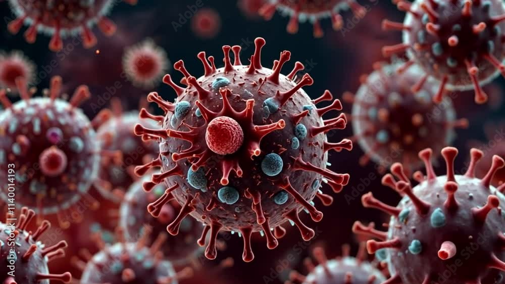 Close-up of a 3D illustration of a dangerous virus structure, highlighting microscopic details of viral particles and disease transmission in healthcare