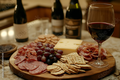 A Glass of Red Wine Next to a Charcuterie Board with Cheese and Meats. photo