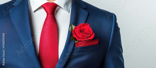 Businessman in blue suit with red tie and rose pocket square demonstrating classic gentleman style on white background with copy space