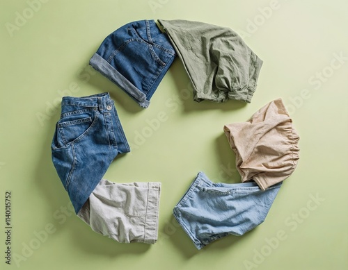 Recycle symbol made of beige and blue clothing items on a green background. Flat lay composition with copy space. Sustainable fashion and recycling concept for poster, banner, or print.