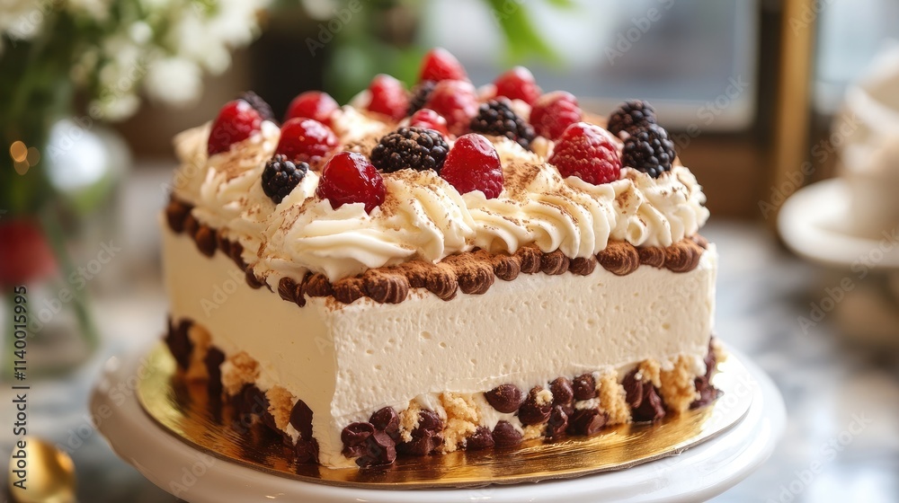 Deliciously layered Napoleon cake adorned with fresh berries and whipped cream on a stylish display. Perfect for dessert lovers. Deliciously layered Napoleon cake adorned with fresh berries and whipped cream on a stylish display. Perfect for dessert lovers.
