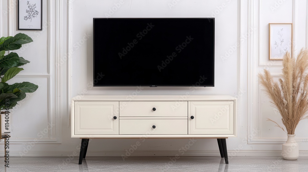 Elegant Cream TV Stand with Modern Flat Screen in Minimalist Room Elegant Cream TV Stand with Modern Flat Screen in Minimalist Room