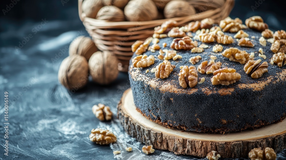 Poppy seed cake topped with walnuts beside a rustic basket filled with walnuts on a textured surface Poppy seed cake topped with walnuts beside a rustic basket filled with walnuts on a textured surface