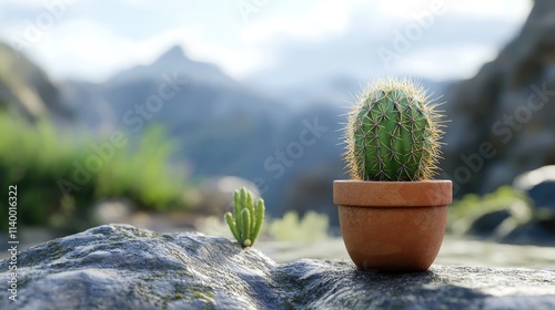 Small cactus in a terracotta pot set against a scenic rocky landscape with blurred background mountains and soft natural lighting. photo