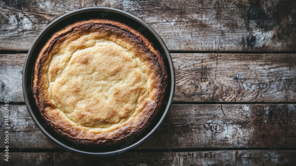 Delicious freshly baked cake displayed in a rustic dish on a textured wooden background Delicious freshly baked cake displayed in a rustic dish on a textured wooden background