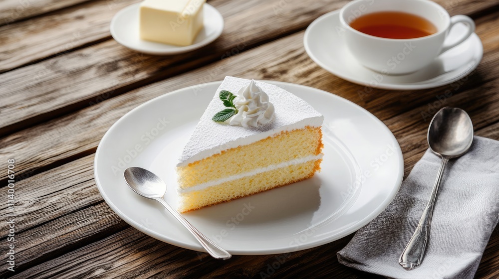 Delicious slice of cake on white plate with tea cup and butter on rustic wooden table setting