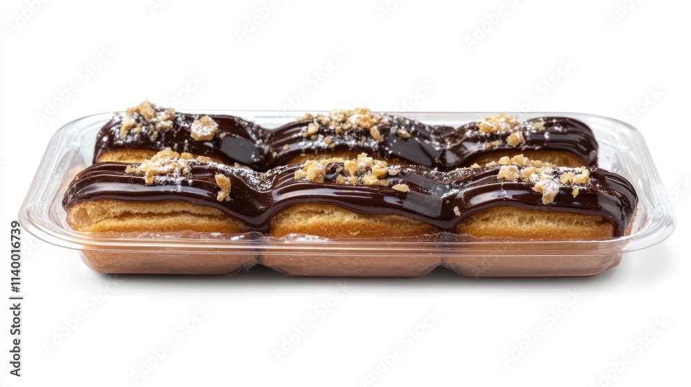 Chocolate eclairs in a clear plastic container on a white background showcasing delicious dessert presentation. Chocolate eclairs in a clear plastic container on a white background showcasing delicious dessert presentation.