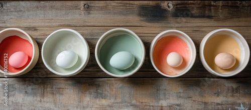 Bowl set with colorful paint for egg dyeing on a rustic wooden table ready for Easter festivities and creative decoration activities photo