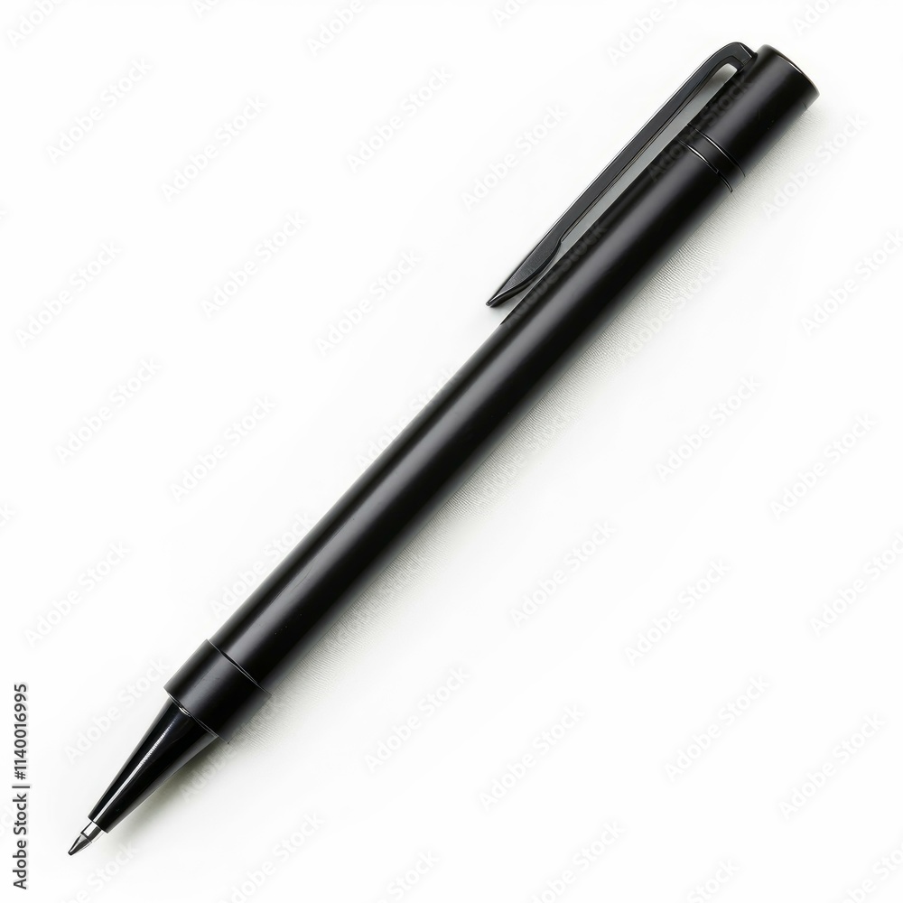 Studio shot of a stylish black ballpoint pen resting on a pristine white surface Studio shot of a stylish black ballpoint pen resting on a pristine white surface