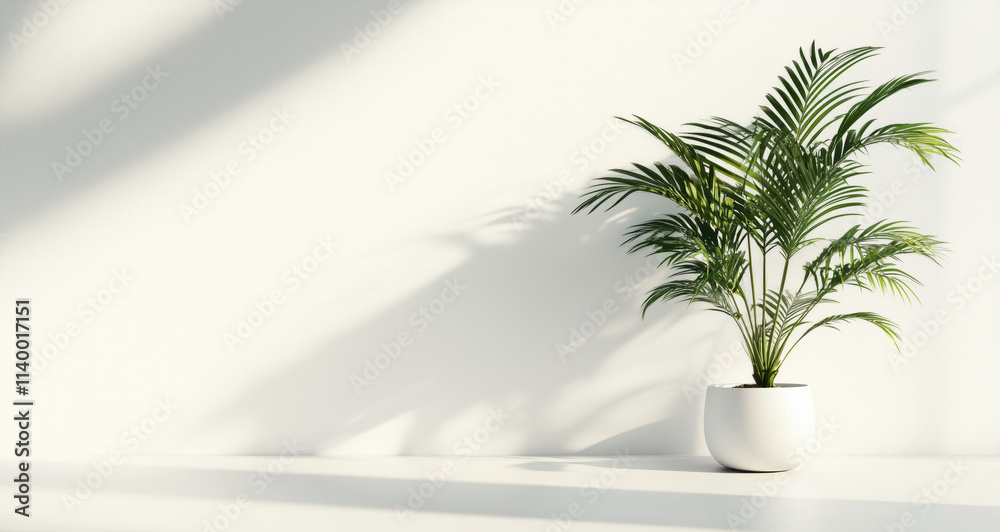 A vibrant potted plant sits on a light surface in a well-lit indoor area. Sunlight filters in, creating interesting shadows against a smooth white wall. A vibrant potted plant sits on a light surface in a well-lit indoor area. Sunlight filters in, creating interesting shadows against a smooth white wall.