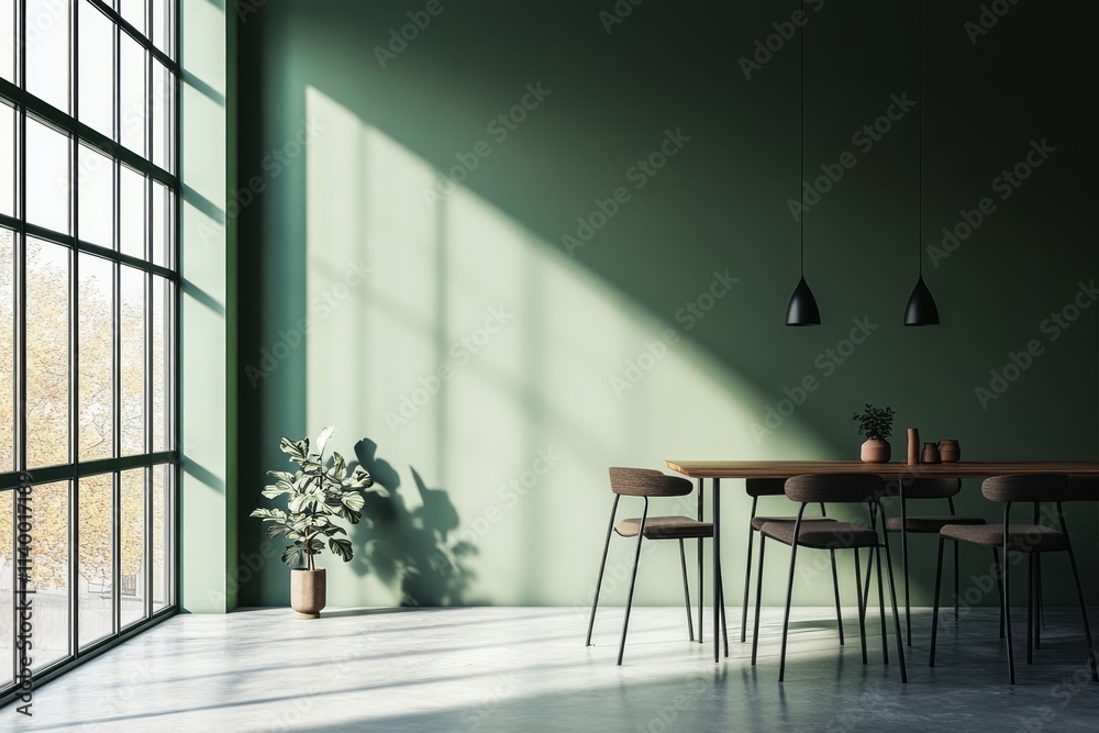 Fototapeta premium Modern Dining Room With Green Wall And Large Window