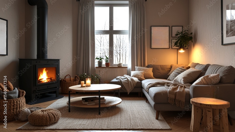 Fototapeta premium A cozy living room features a warm fireplace, a comfortable gray sofa, and natural elements, creating a serene atmosphere perfect for relaxing by the fire.