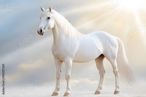 A majestic horse stands majestically in the misty mountains of Iceland, its mane flowing gently with each breath