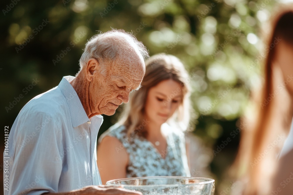 Family gathering with grandfather and granddaughter outdoor setting candid moment summer day intimate atmosphere Family gathering with grandfather and granddaughter outdoor setting candid moment summer day intimate atmosphere